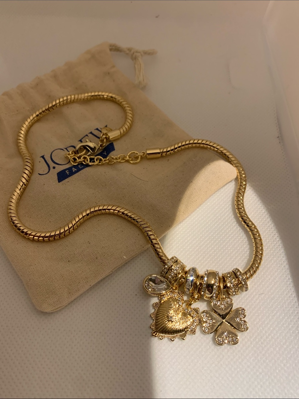 J. Crew Gold Charm Snake Chain Necklace with Clover & Heart